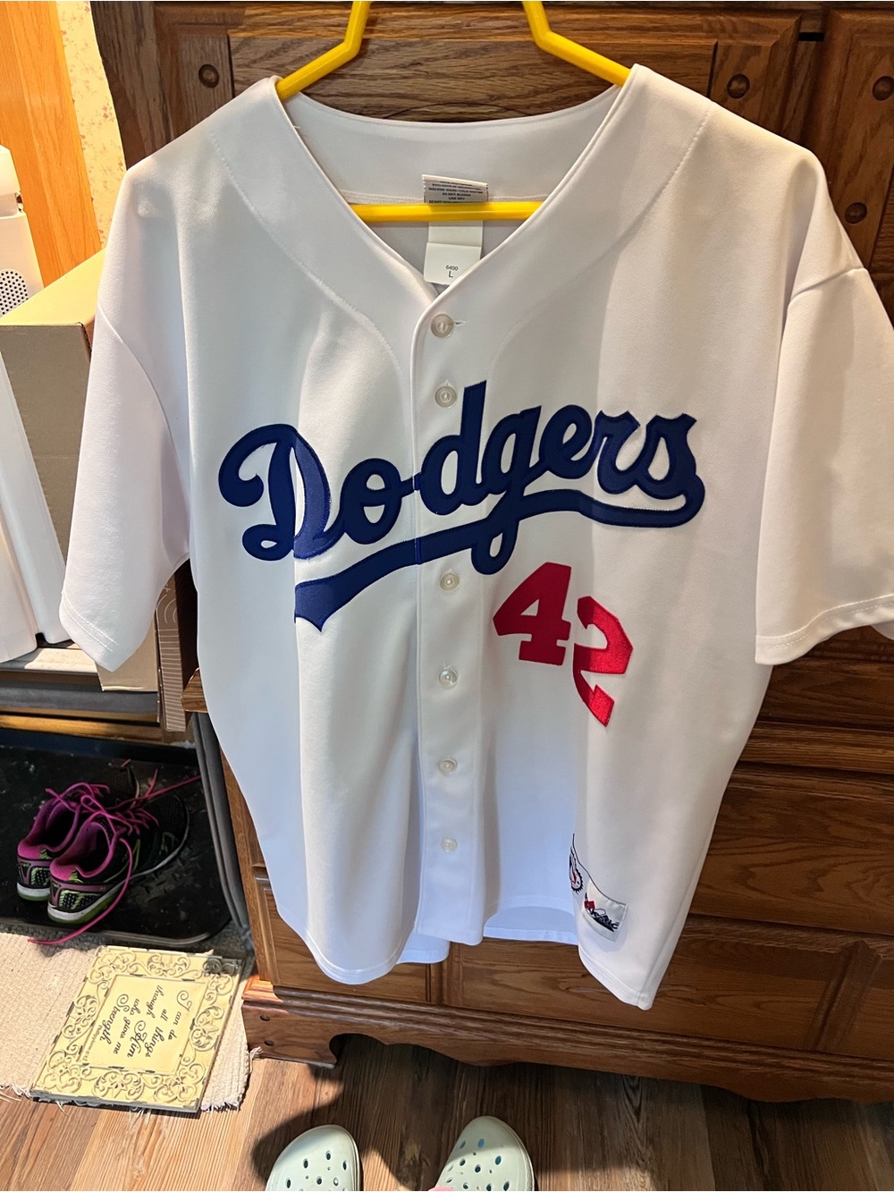 Majestic White Dodgers Kids Jersey with Blue Script and Red Number 42